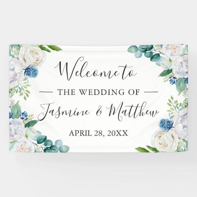 Sage Green Blue White Floral Wedding Party Banner (Horizontal)