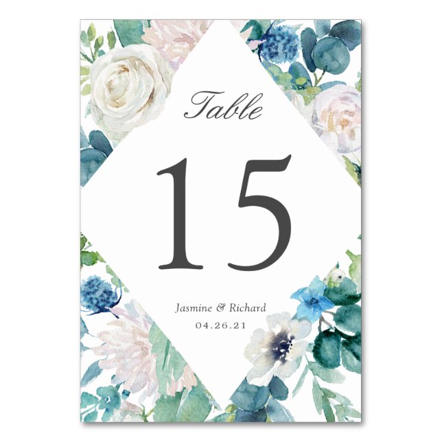 Sage Green Blue White Floral Wedding Table Number (Back)