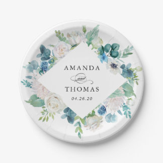 Sage Green Blue White Pastel Floral Wreath Wedding Paper Plate