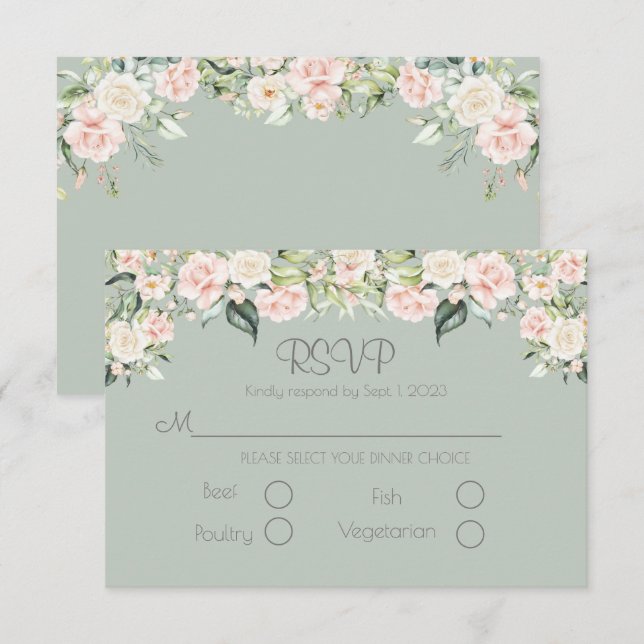 Sage Green Blush Floral Elegant Weddding RSVP Card (Front/Back)