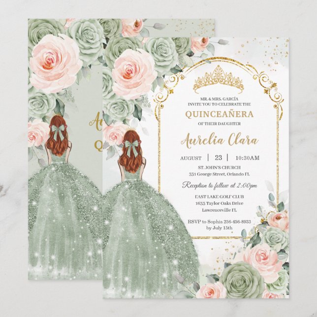 Sage Green Blush Floral Gold Quinceañera Sweet 16 Invitation (Front/Back)