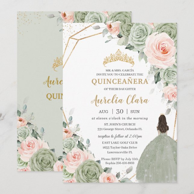 Sage Green Blush Floral Gold Quinceañera Sweet 16 Invitation (Front/Back)