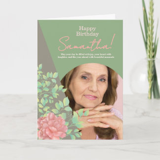 Sage Green Blush Floral Photo Birthday Greeting Card