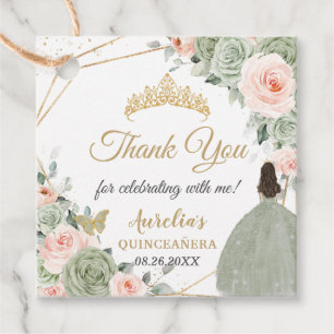 Sage Green Blush Floral Princess Gold Quinceañera Favour Tags