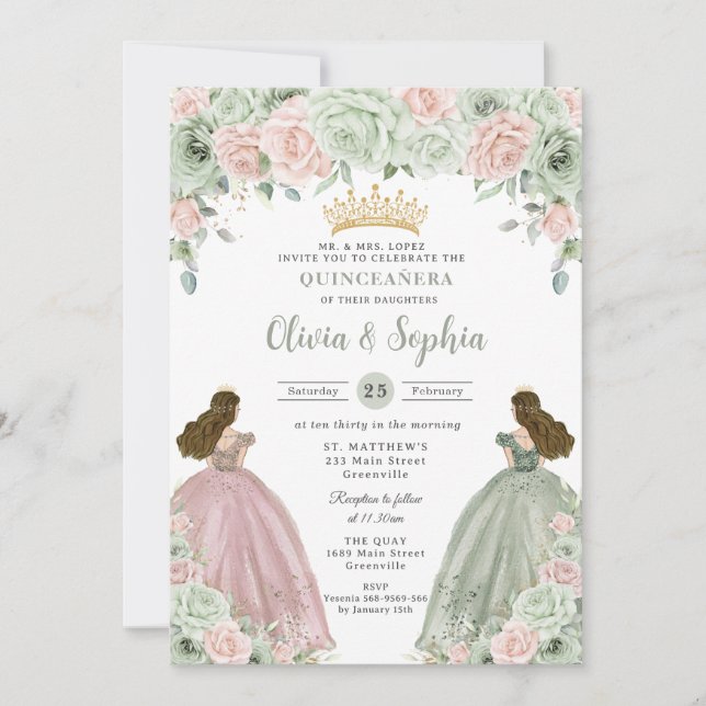 Sage Green Blush Floral Twin Girls Quinceañera  Invitation (Front)