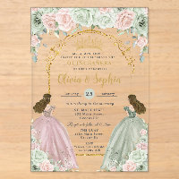 Sage Green Blush Floral Twins Gold Quinceañera