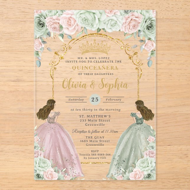 Sage Green Blush Floral Twins Gold Quinceañera  Acrylic Invitations (Front)