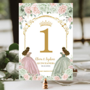 Sage Green Blush Floral Twins Quinceanera Table Number
