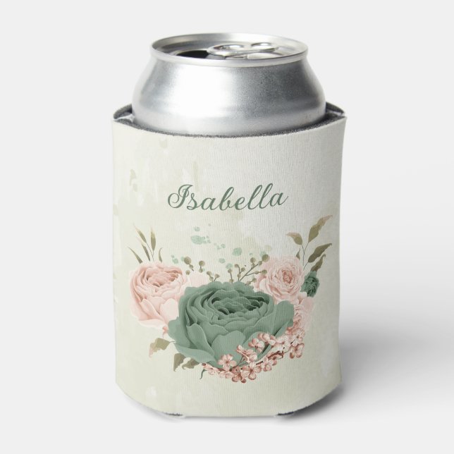 sage green blush floral wedding can cooler (Can Front)