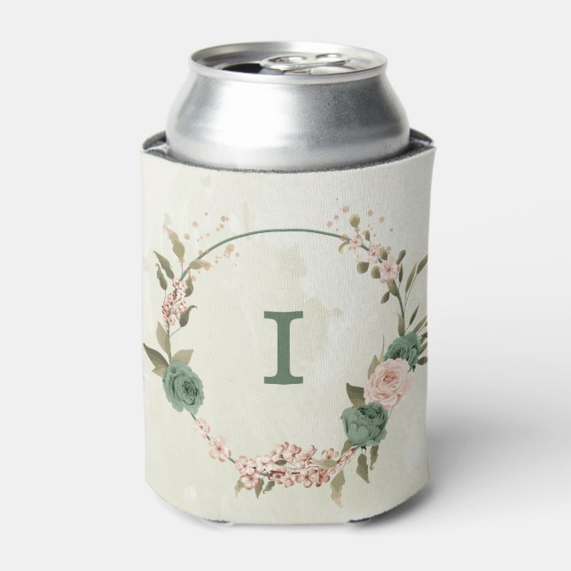 sage green blush floral wedding can cooler (Can Front)