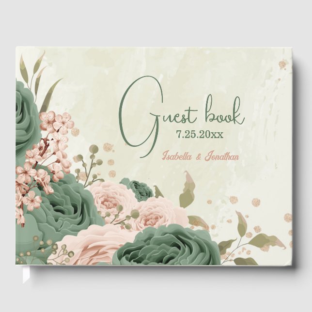 sage green blush floral wedding guest book (Front)