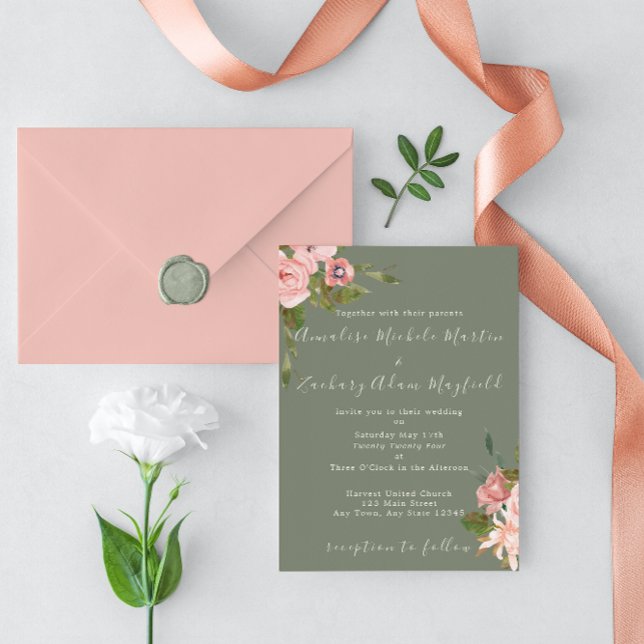 Sage Green Blush Floral Wedding Invitation (Creator Uploaded)
