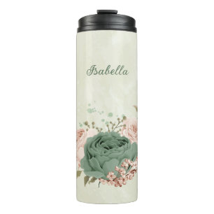 sage green blush floral wedding thermal tumbler