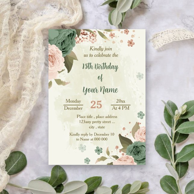 sage green blush flowers botanical birthday invitation (Creator Uploaded)
