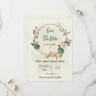 sage green & blush flowers botanical save the date
