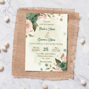 sage green blush flowers botanical wedding invitation
