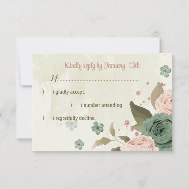 sage green blush flowers botanical wedding RSVP card (Front)