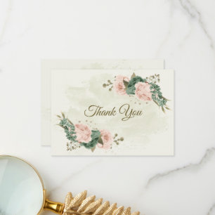 sage green blush flowers botanical wedding thank you card