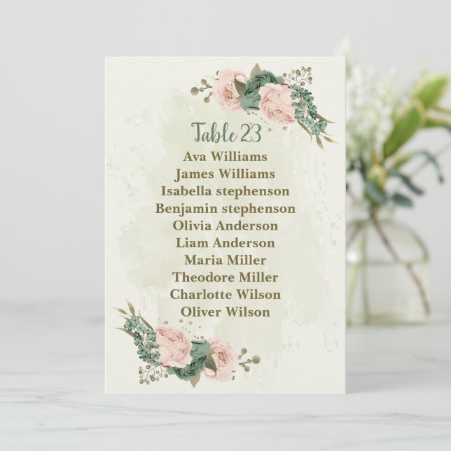 sage green blush flowers seating chart card (Standing Front)
