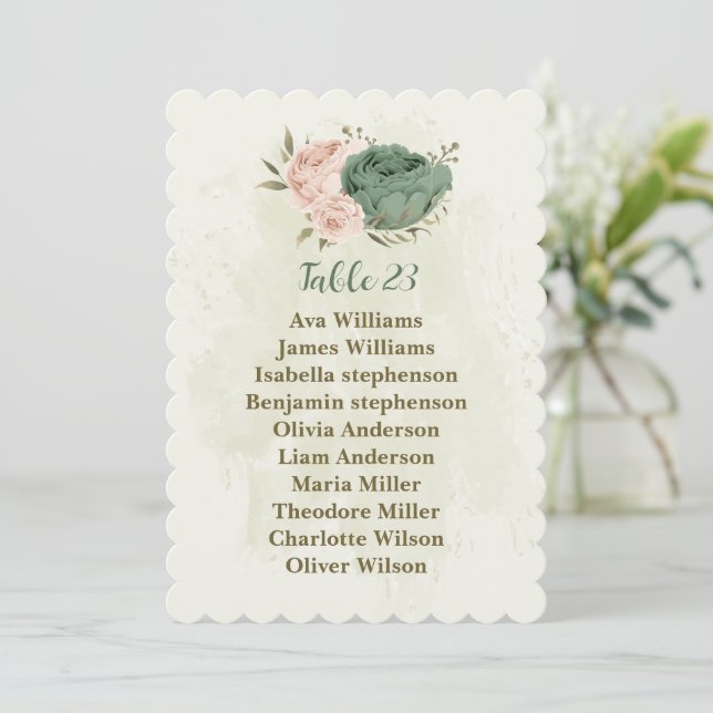 sage green blush flowers seating chart card (Standing Front)