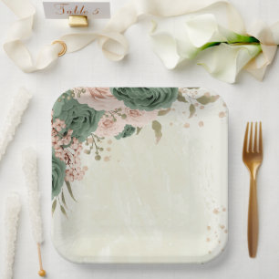 sage green blush flowers wedding paper plate