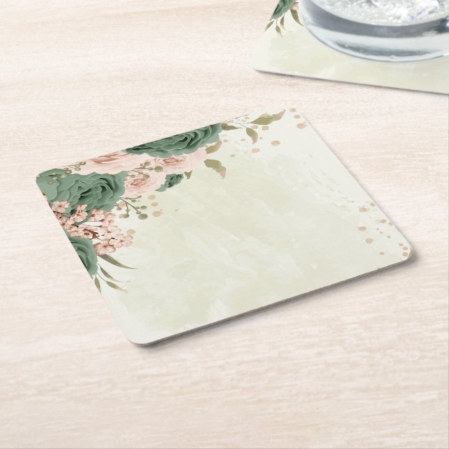 sage green blush flowers wedding square paper coaster (Angled)