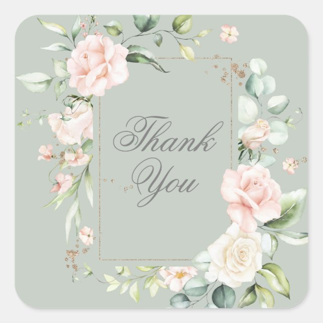 Sage Green Blush Ivory Floral Thank You   Square Sticker (Front)