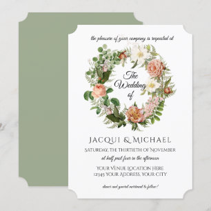 Sage Green Blush Ivory Roses w Fern Wreath Wedding Invitation