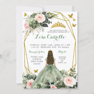 Sage Green Blush Pink Butterfly Girl's Quinceañera Invitation