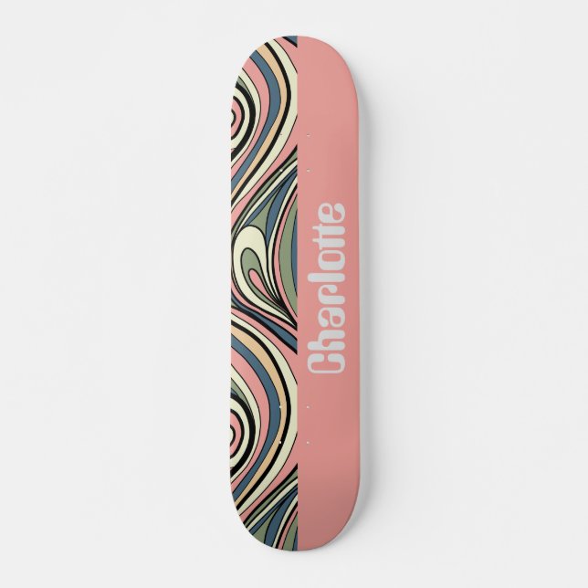 Sage Green, Blush Pink, Dusty Blue Retro Swirl  Skateboard (Front)