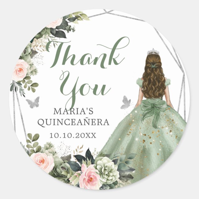 Sage Green Blush Pink Floral 15 Años Thank You Classic Round Sticker (Front)
