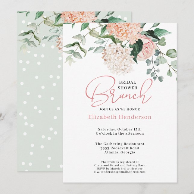 Sage Green Blush Pink Floral Bridal Shower Brunch Invitation (Front/Back)