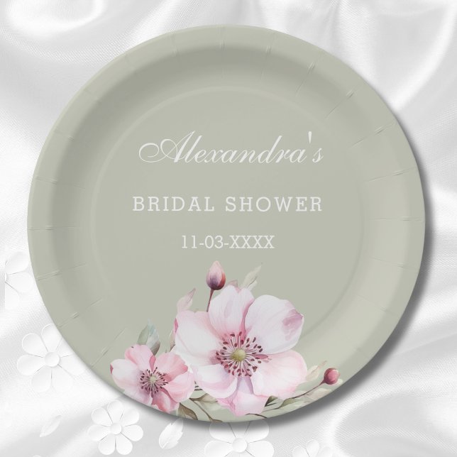 Sage Green Blush Pink Floral Bridal Shower  Paper Paper Plate (Creator Uploaded)