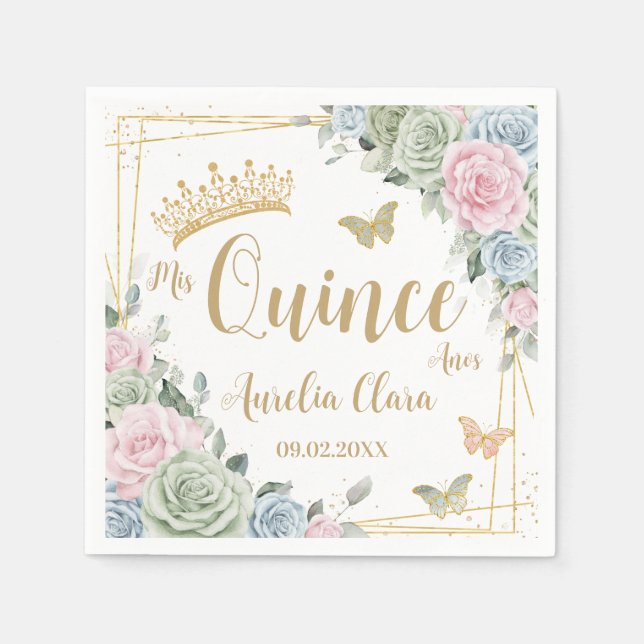 Sage Green Blush Pink Floral Butterfly Quinceanera Napkin (Front)