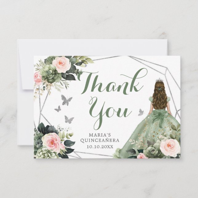 Sage Green Blush Pink Floral Quinceañera Thank You Card (Front)