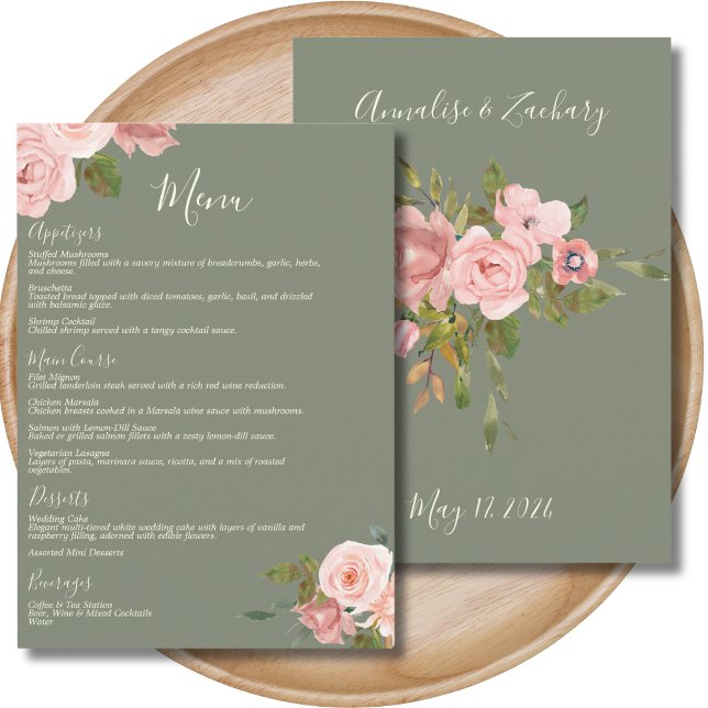 Sage Green & Blush Pink Floral Wedding Dinner Menu (Creator Uploaded)