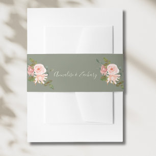 Sage Green & Blush Pink Floral Wedding Invitation Belly Band