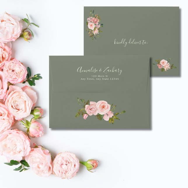 Sage Green & Blush Pink Floral Wedding Invitation Envelope (Creator Uploaded)