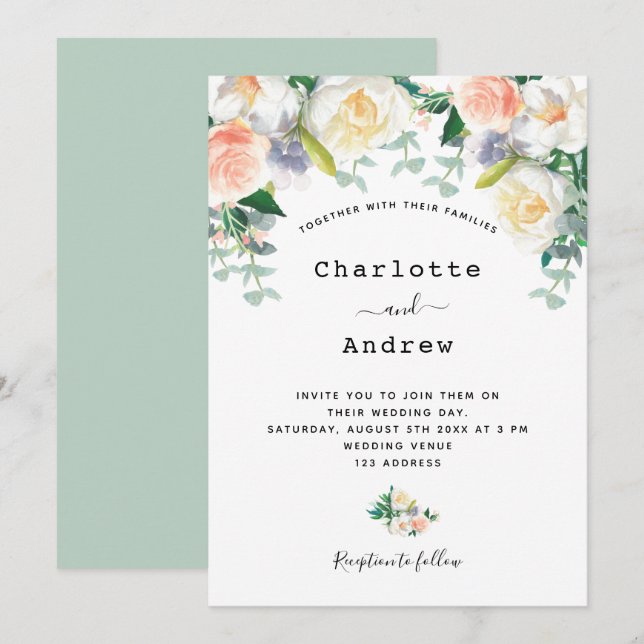 Sage green blush pink florals eacalyptus wedding invitation (Front/Back)