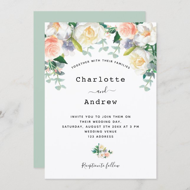 Sage green blush pink florals eacalyptus wedding invitation (Front/Back)