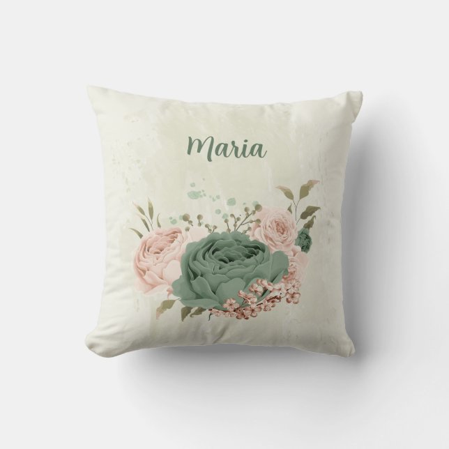 sage green blush pink flowers cushion (Front)
