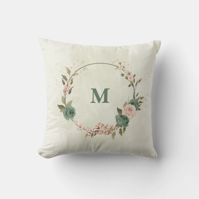 sage green blush pink flowers cushion (Front)