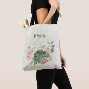 sage green blush pink flowers tote bag
