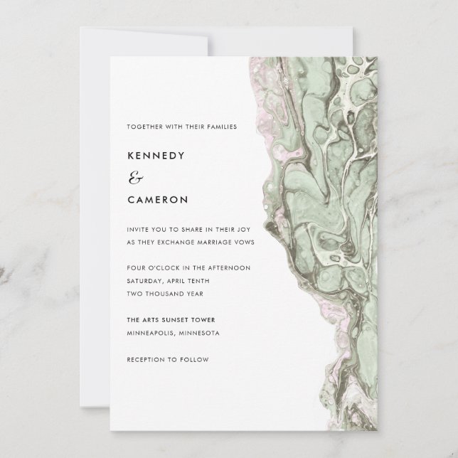 Sage Green & Blush Pink Minimalist Marble Wedding Invitation (Front)
