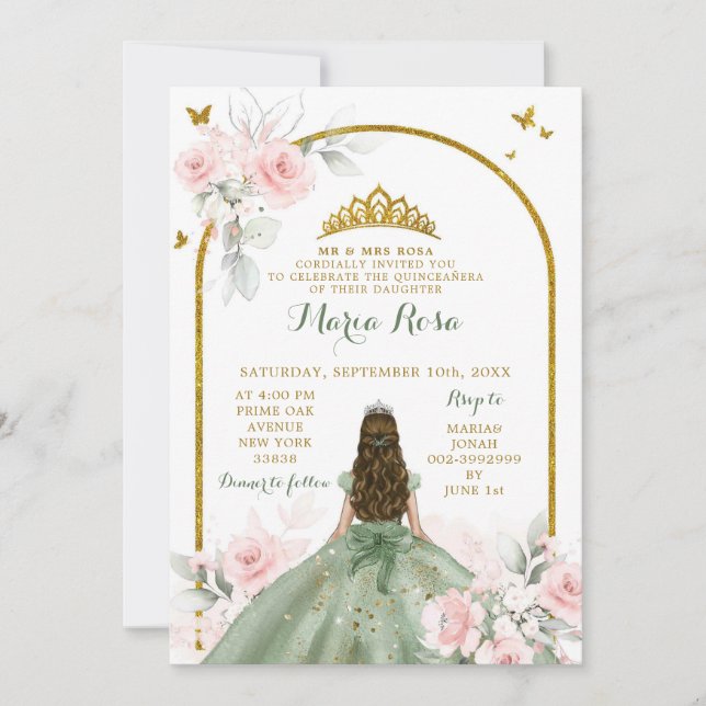 Sage Green Blush Pink Princess Quinceañera Floral  Invitation (Front)