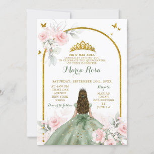 Sage Green Blush Pink Princess Quinceañera Floral  Invitation