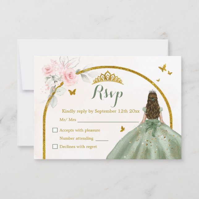 Sage Green Blush Pink Princess Quinceañera RSVP Card (Front)