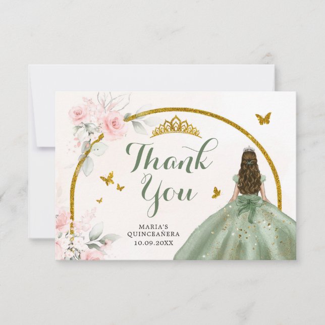 Sage Green Blush Pink Princess Quinceanera Thank You Card (Front)