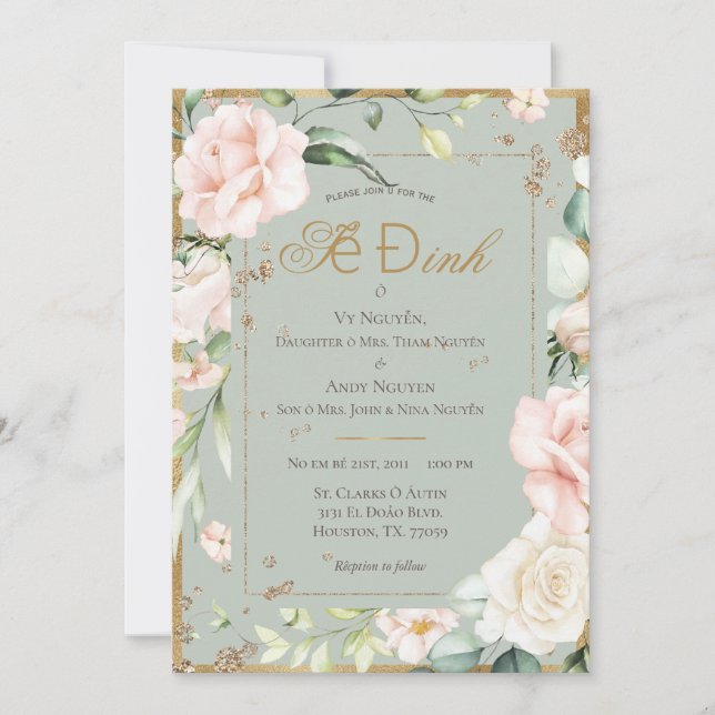 Sage Green Blush Watercolor  Floral Wedding Invitation (Front)