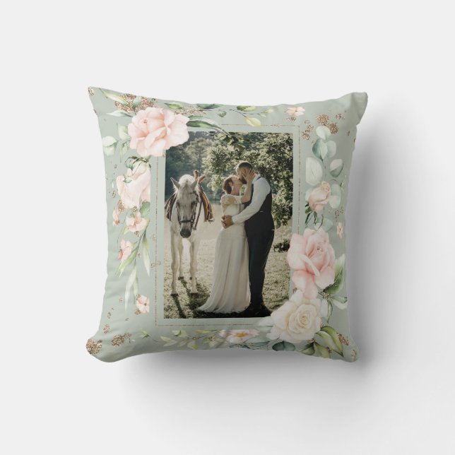 Sage Green Blush Watercolor Photo Floral WeddinG Cushion (Front)